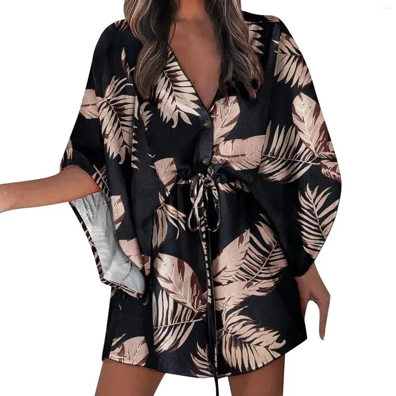 Casual jurken dames Boho Beach Vacation Mini Dress zomer afdrukken Lace Up Button Batwing Sleeve For Women Party A Line