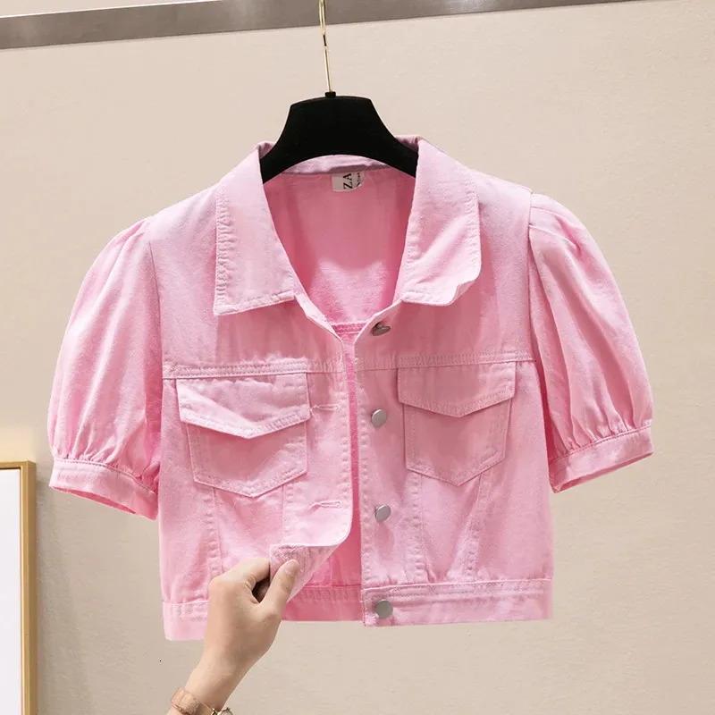 Sommer dünne kurze schläfrige Jeansjacke mantel Frauen schlank gelb rosa weiße Cowboy Oberbekleidung große Taschenjacken Frauen 240426