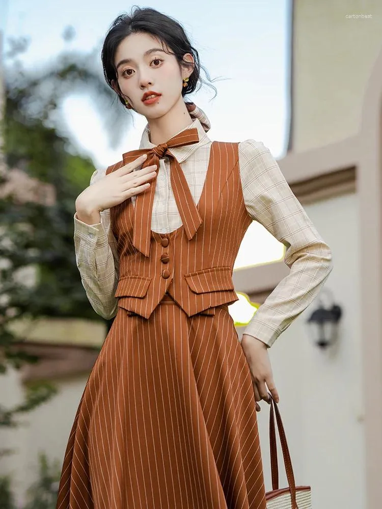 Work Dresses Retro England Style Woman Outfits Vintage Modern Bow Plaid Shirt Tops & Striped Midi Skirt Elegant Lady 3 Piece Sets Formal