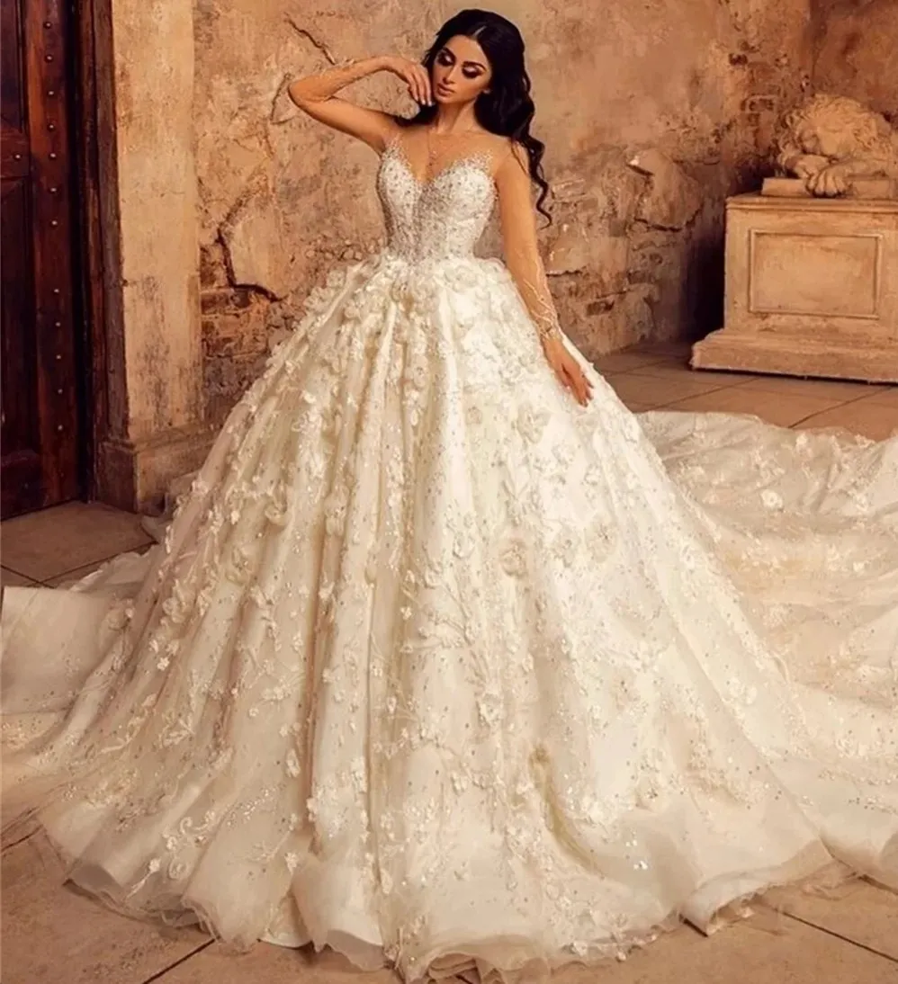 2024 Robe de mariée arabe du Dubaï Coule transparent manches longues 3d fleurs paillettes perlées robes de mariée gonflées princesse vestidos de novias robe de mariee