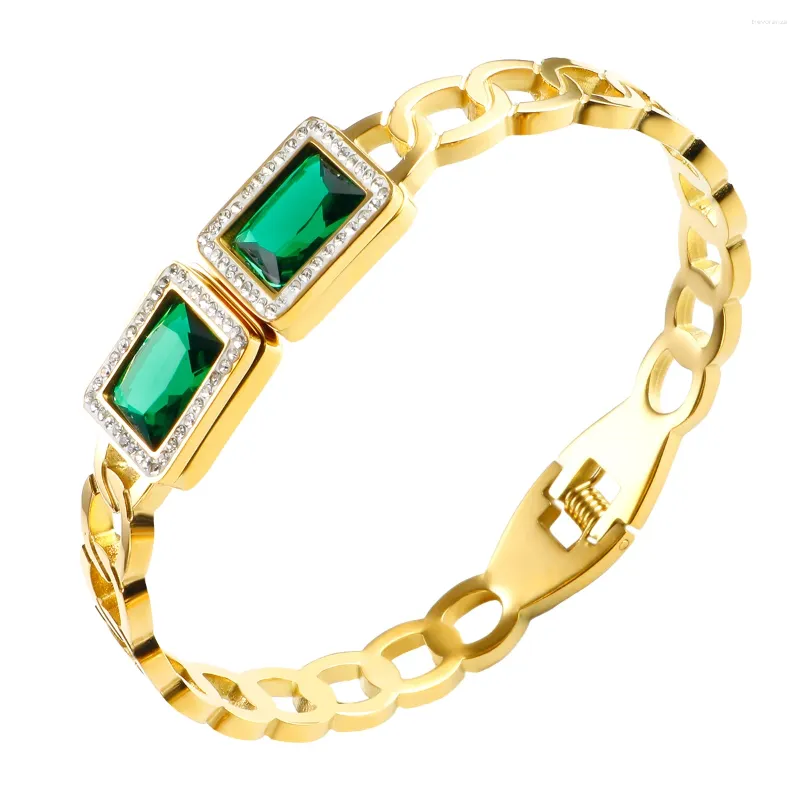 Bangle Jinhui Chic Inkrustowani Big Green Square Crystal Krystal Zirron Bangles dla kobiet stal nierdzewna Open Spring Bracelets Luksusowa biżuteria na nadgarstek