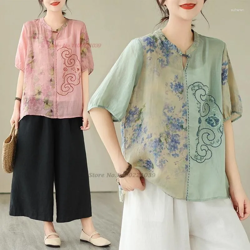 Roupas étnicas 2024 Blusa antiga tradicional chinesa bordado nacional de flores bordados folclóricos O-gola Oriental streetwear