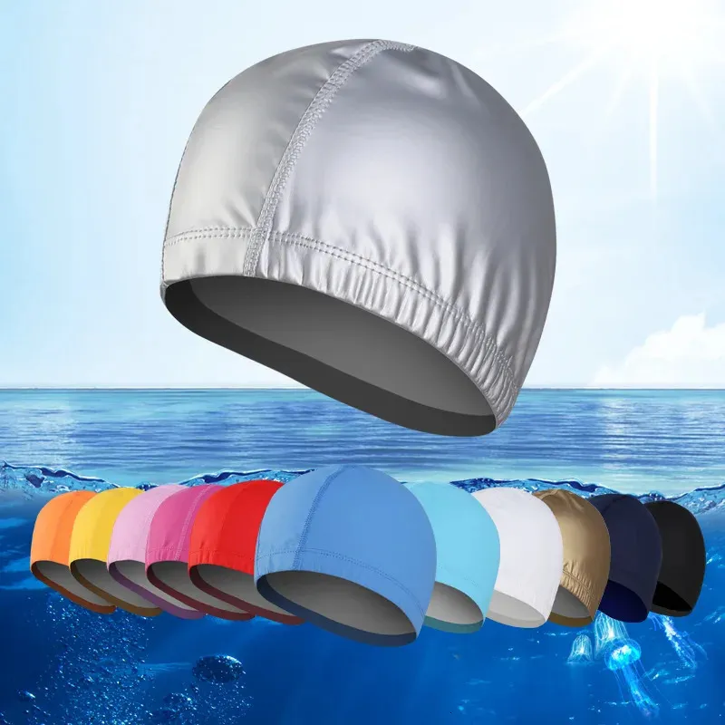 Упругое водонепроницаемое PU Covert Swim Caps Swim Bool Bool Unisex Swim Hats бесплатно размер мужчина женские уши защита уши плавание серебряное розовое 240426