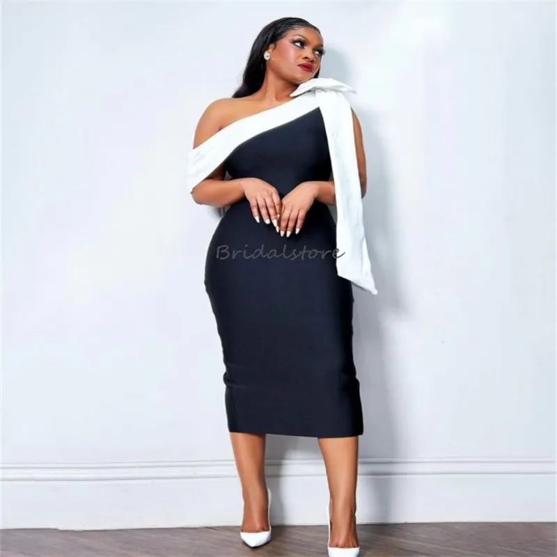Siyah Beyaz Gece Elbise 2024 Artı Beden Siyah Kadın Bir Omuz Balo Elbise Çay Uzunluğu Doğum Günü Kokteyl Elbise Formal Durum Akşam Yemeği Kulübü Partisi Giyim Etek
