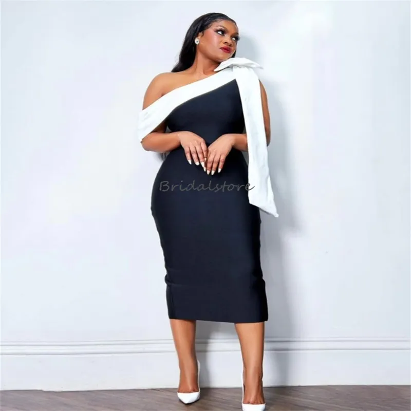 Svartvita aftonklänningar 2024 Plus Size Black Women One Shoulder Prom Dress Te Längd Birthday Cocktail Dress Formal Eccase Dinner Club Party Wear Kjol