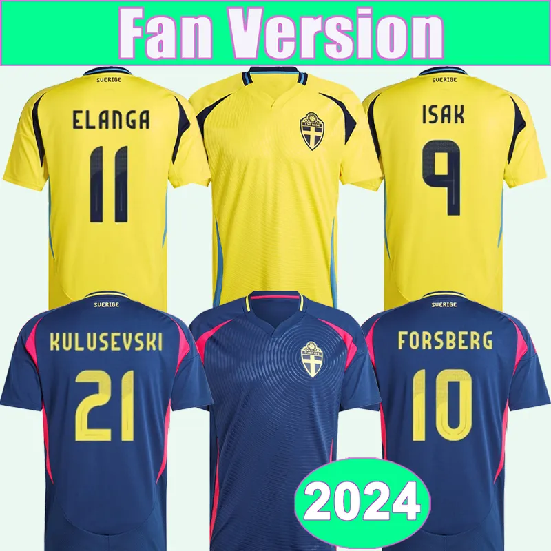 2024年スウェーデンメンズサッカージャージナショナルチームKulusevski Forsberg Isak Gudmundsson Lindelof Home Away Football Shirts半袖アダルトユニフォーム
