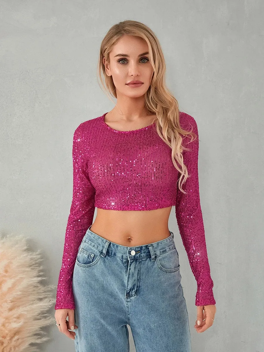 Women's Full Sequin Cropped Tops Long Sleeve Round Neck Show Navel Glitter Sparkle Party Blouses 240420