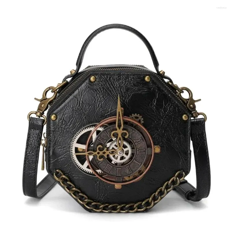 Taillenbeutel Retro Punk PU Leder Crossbody Bag Gothic Handy Geldbeutel Steampunk Schwarz einstellbare Straps Tasche Zeiger Dekorative Brieftasche