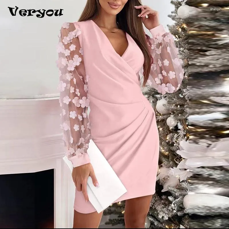 Lässige Kleider eleganter Frauen rot rosa sexy sexy bodycon mini Kleid Herbst Spitzen Patchwork Langarm Falten Slim Office Dame Robe