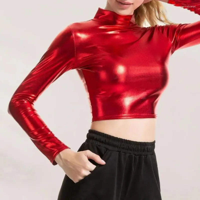 Women's Blouses Women Club Top Solid Color Half-high Collar Glossy Surface Waist-exposed Pullover Lady Pole Dance Performance Party Crop