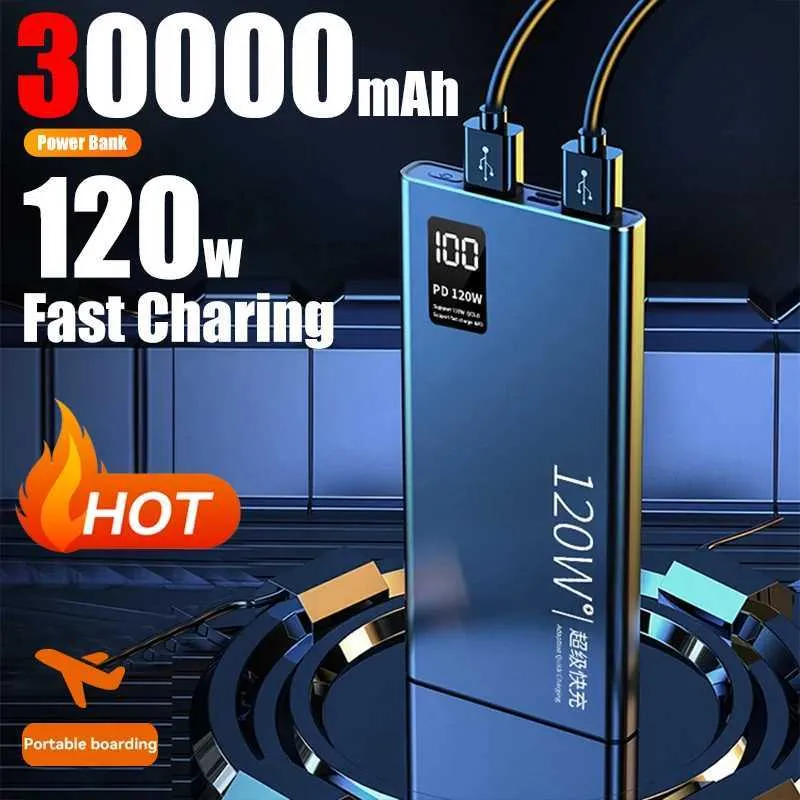 휴대 전화 전원 은행 30000 mAH 120W IPHEN XIAOMI HUAWEI J240428에 적합한 100% 용량 휴대용 배터리 충전기가 포함 된 Ultra Fast Charging Power Pack