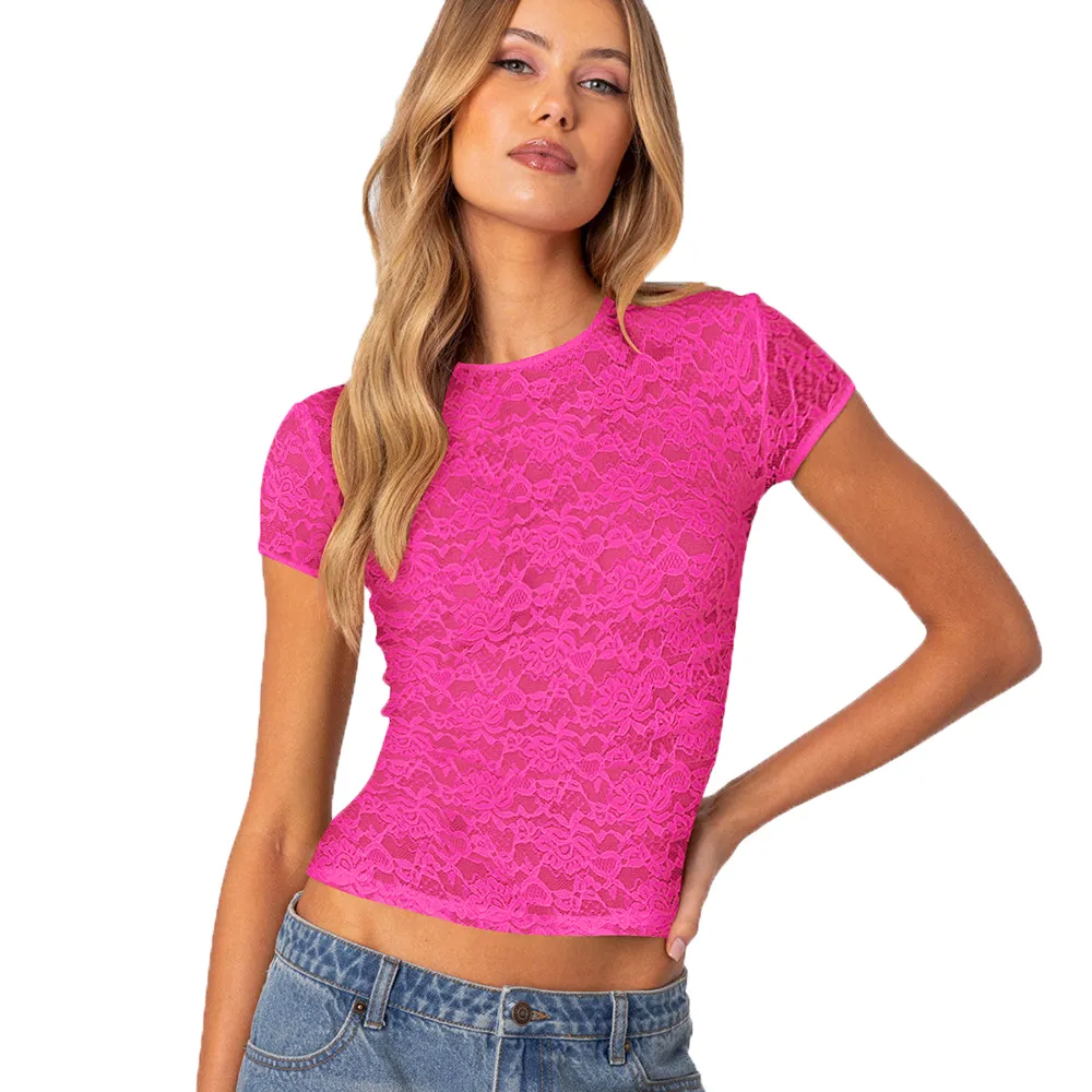 футболка женская женская одежда женская одежда розовая экипаж шея с коротким рукавом с коротким рукавом кружев