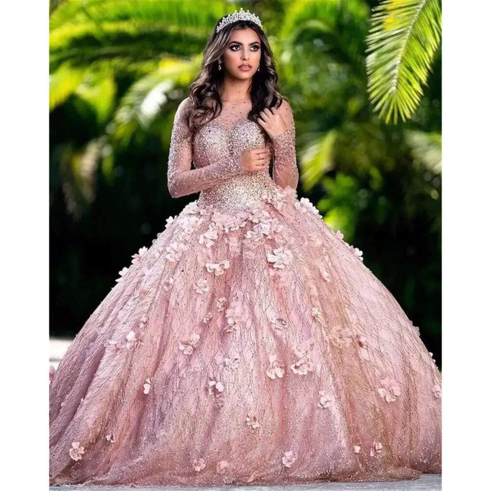 Quinceanera Pailletten strahlen goldene Rosenkleider 3d Blumenapplikationen Perlen Langarm-Prom-Ball-Kleid Schnürung funkeln