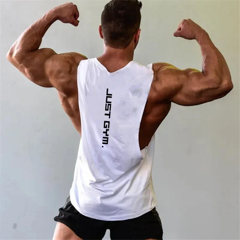 Marque Just Gym Clothing Fitness Mens Côtes coupés Coupage Tshirts Drop-trous d'arming Bodybuilding Tops Workout Sans manches gilet 240410