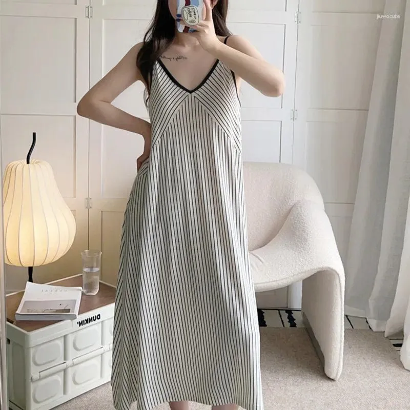 Women's Sleepwear Sexy Spaghetti Strap Long Nightdress Summer Striped Modal Cotton Nightgown Loose Sweet Lingeries Home Dressing