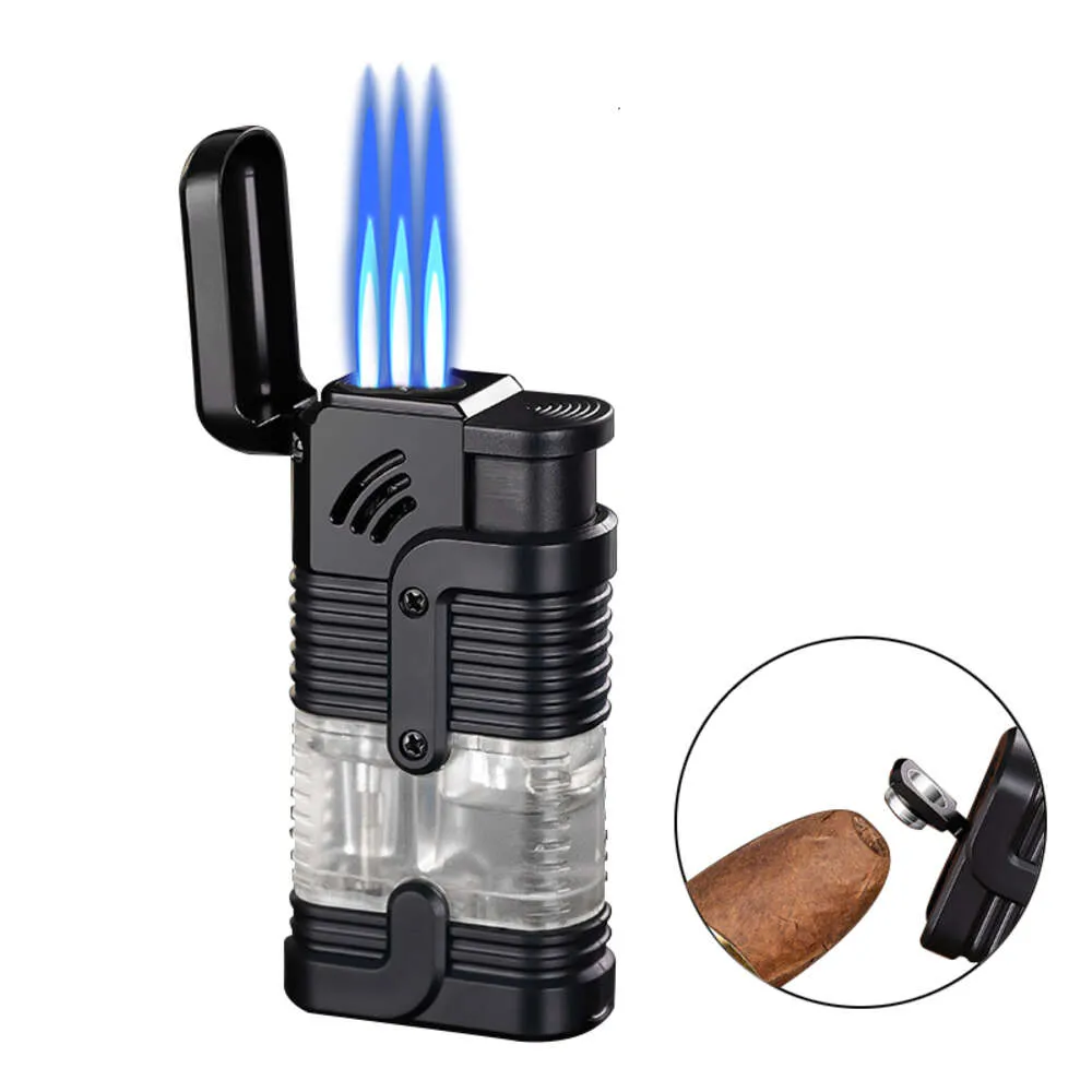Triple Jet Flame Cigar Lighter Visible Transparent sans chambre à gaz à l'épreuve du vent avec punch à cigare