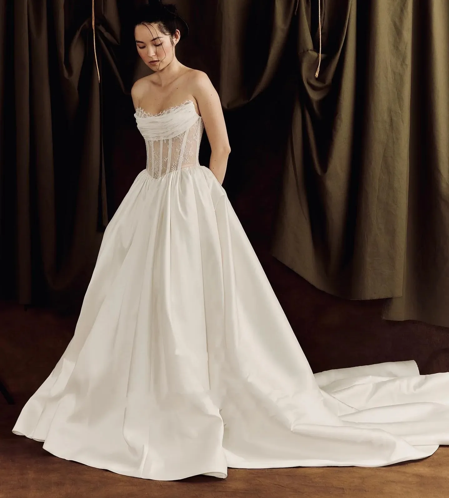 knee length dresses for ladies A-Line Satin Wedding Dress with Pockets,Strapless Simple Wedding Gown,WD00620, US14W / Ivory main image 0