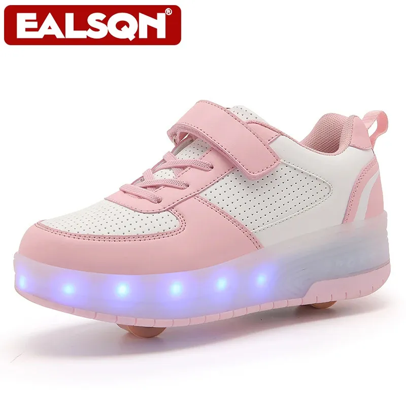Дети два колеса светящиеся светящиеся кроссовки каблуки розовые светодиодные роликовые ботинки детские мальчики девочки USB Зарядка 240426