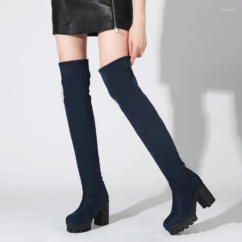 Stövlar QPLYXCO 2024 Vinter Round Toe Chunky High Heels Platform Warm Sexy Over-Knee Navy Blue Women Overknees Stretch