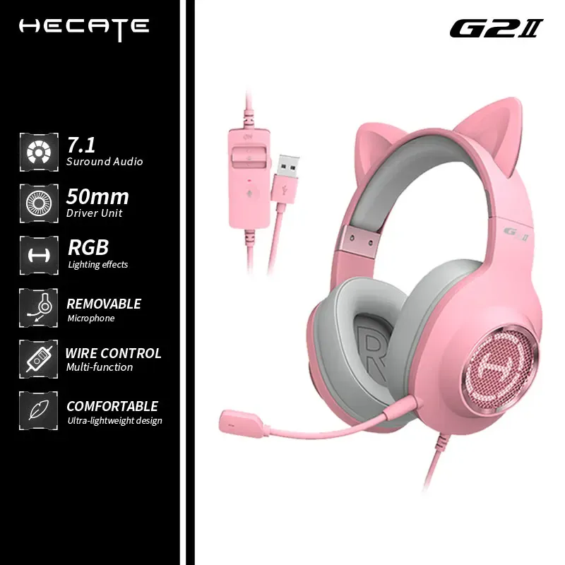 Onderdelen edifier Hecate G2II Pink Cat Ear hoofdtelefoon 7.1 Surround Sound Gaming Headset RGB Licht, ruisonderdrukking Mic -hoofdtelefoon voor pc