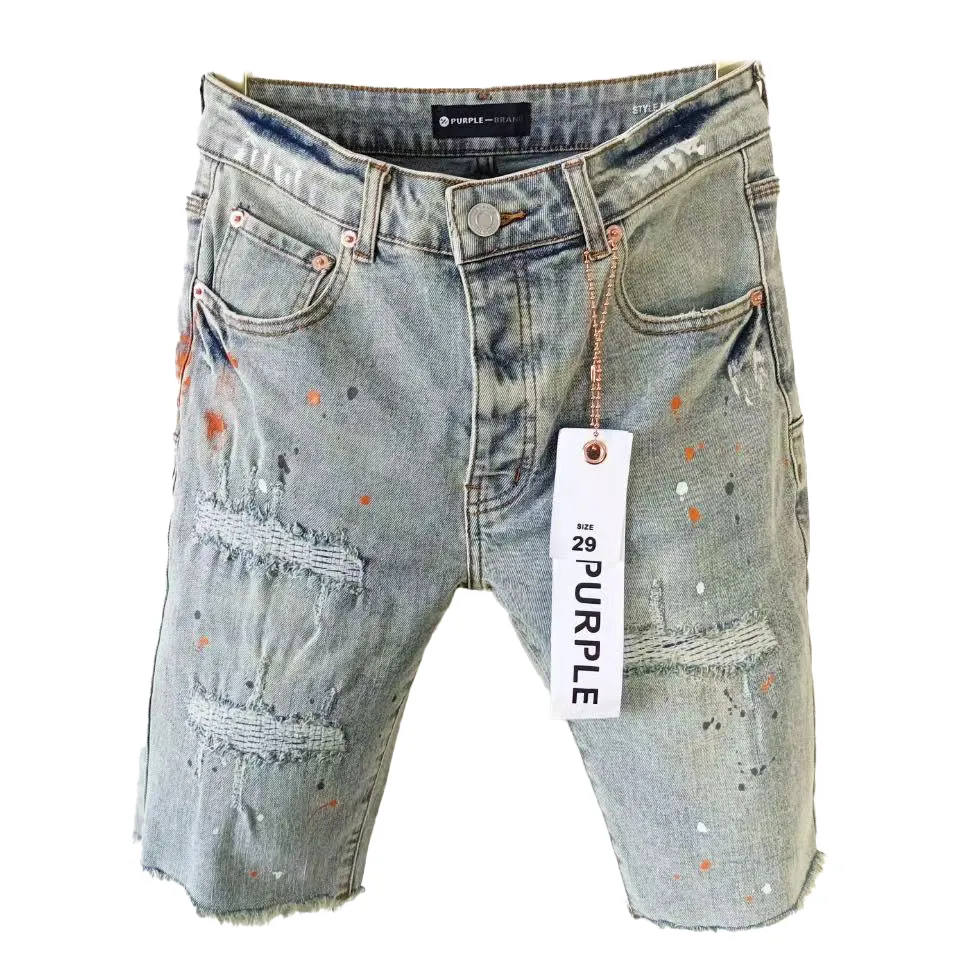 Purple Summer Denim Shorts Light Men's Ripped Stretch High-End Spray-Painted Vintage Patch Casual Quarter Pants