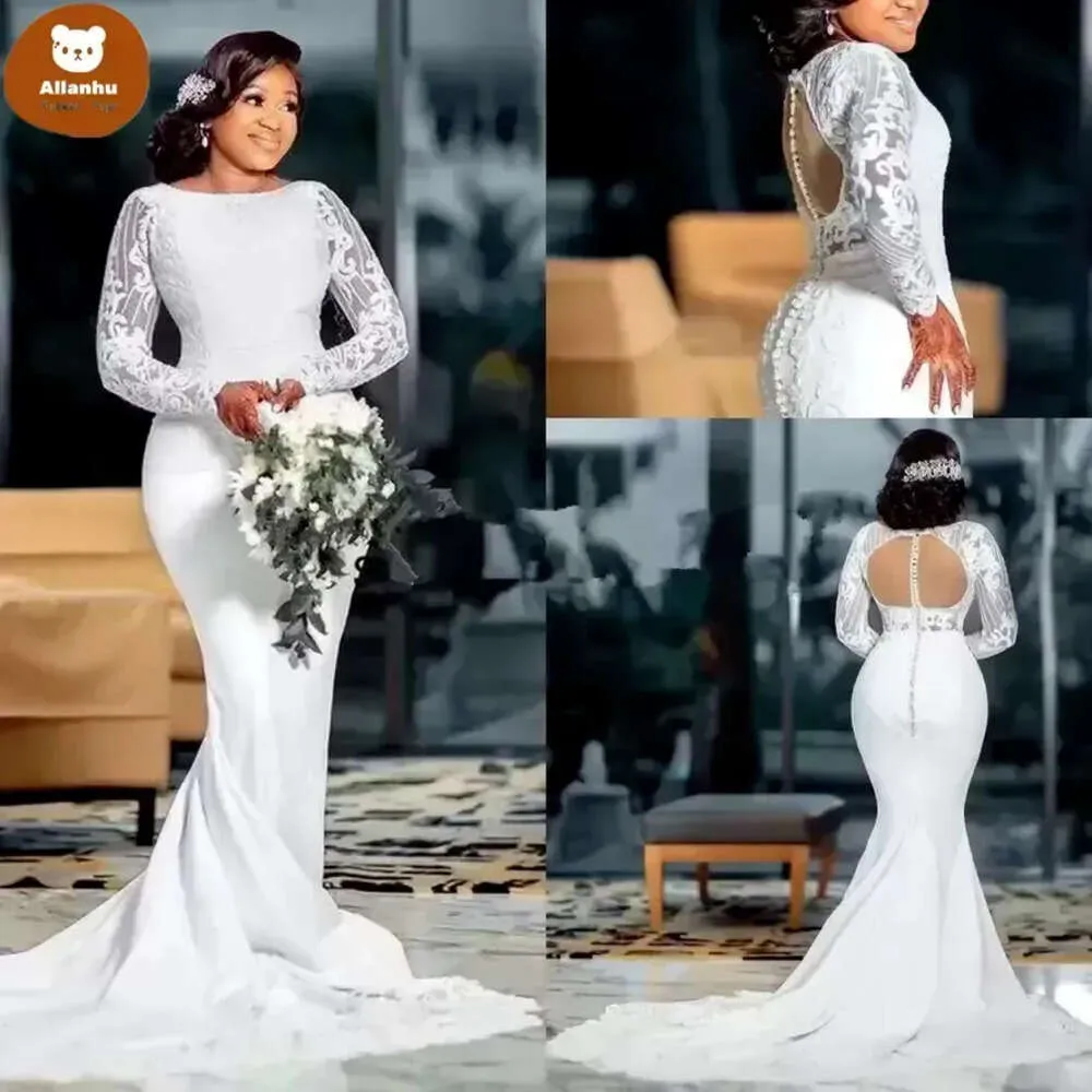 Taille en dentelle arabe plus blanc Aso Ebi Sirène perlée robes de mariée à manches longues Buttes couvertes Roches de fête de mariée africaine WJY591