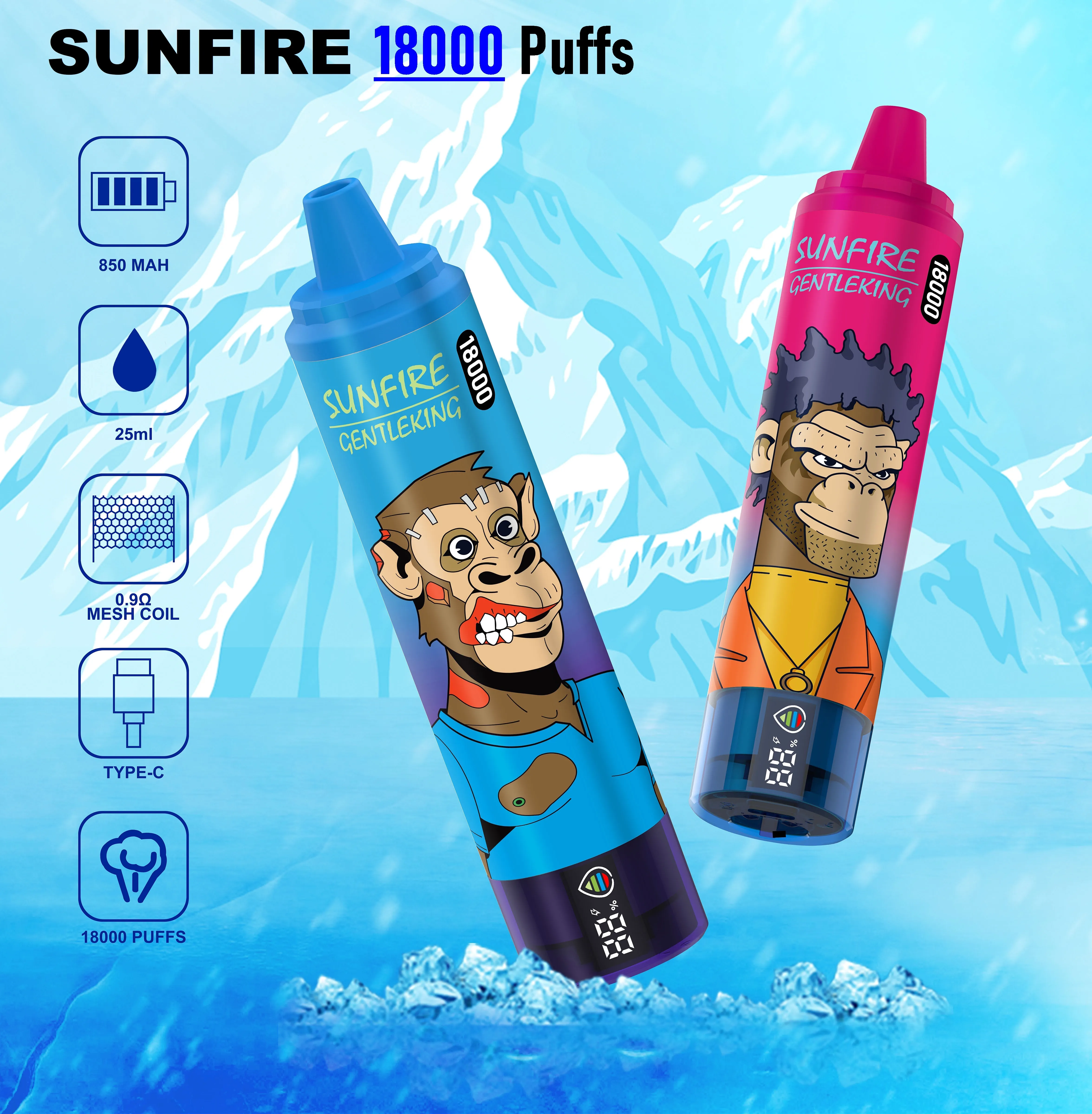 Exibição digital 18000 Puffs Sunfire Vape descartável 25ml 850mAh Bateria 0mg 2mg 3mg 5mg Cigarro eletrônico Caixa digital Puff 18k 15k 15000 10000 atacado i vape