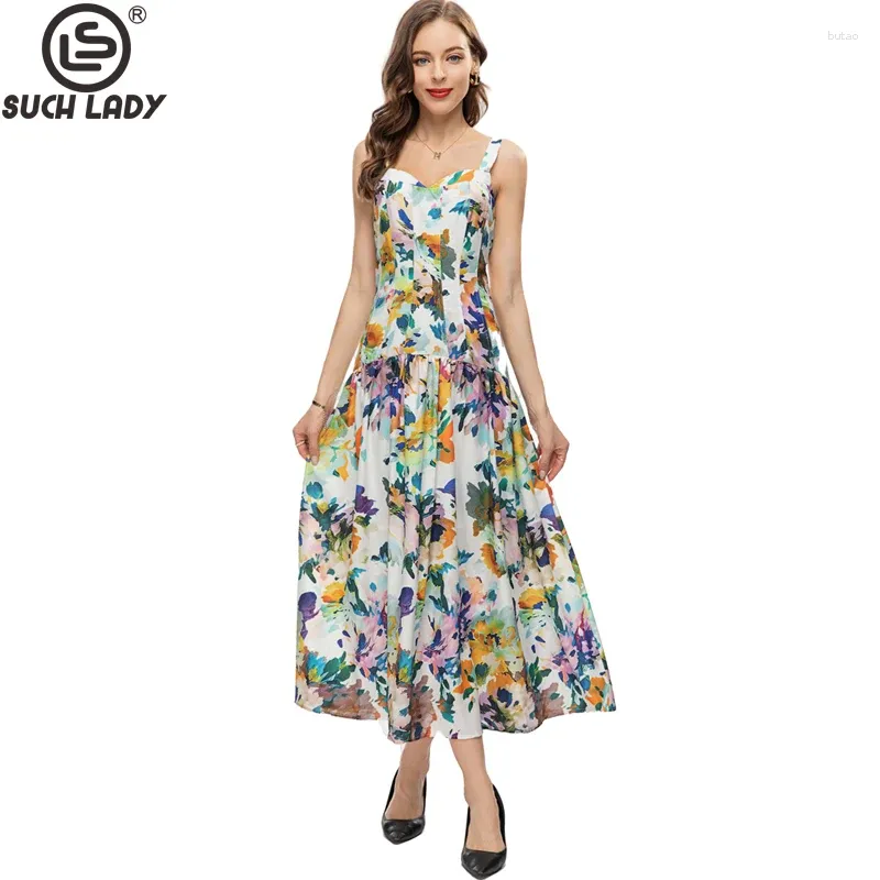 Casual Dresses Women's Runway Sexig Spaghetti Straps Floral Printed Drop Midje Fashion High Street Holiday Vestidos