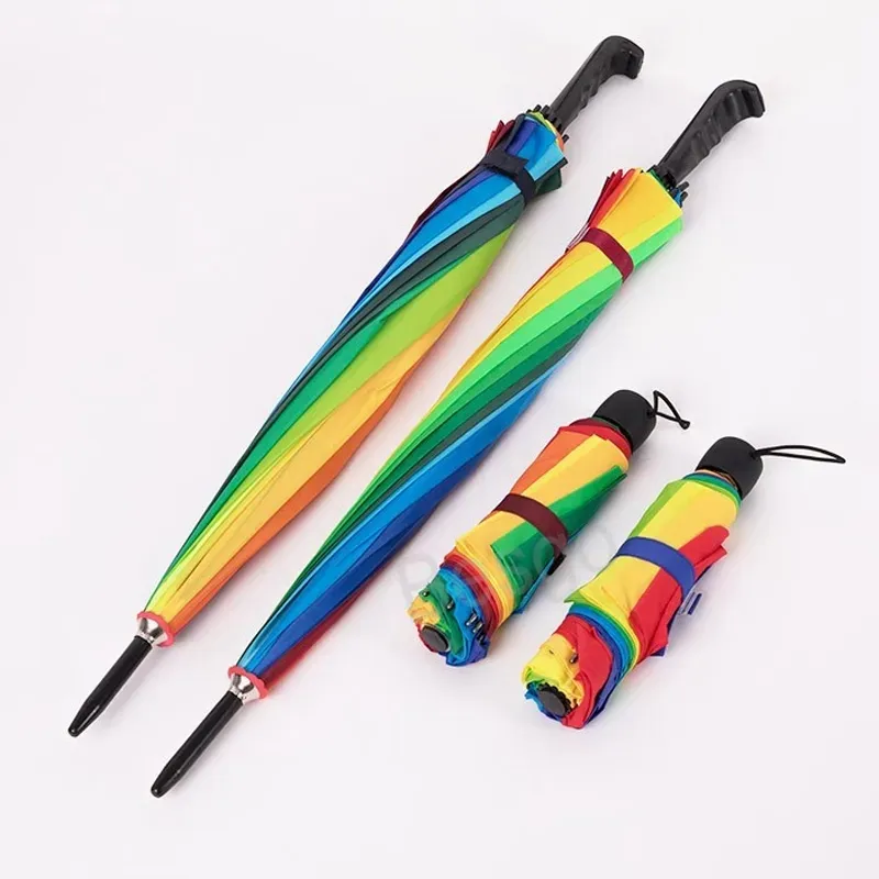 Regenbogen automatischer Regenschirm Langer gerader Griff 16K Starker winddichtes sonniger Regenschirm 8K Unisex verdicken Fimbria Th1416