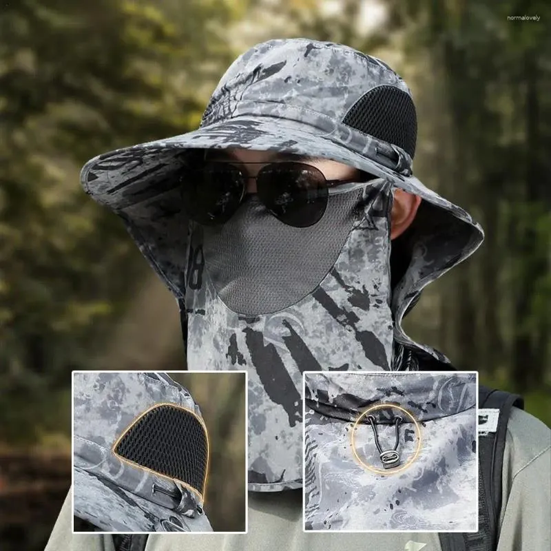 Berets Outdoor Fishing Cap Wide Brim Men's Large Shawl Neck Cover Face Sunshade Hat Camouflage Sun UV Protection Shade Hats