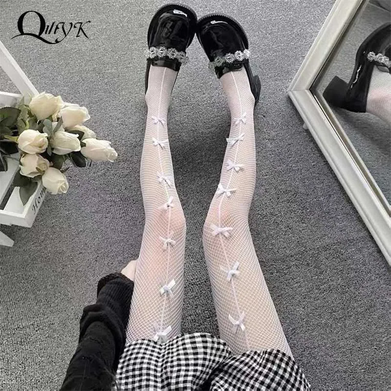 Sexy sokken lolita cosplay meisjes boog knoop holle panty sexy slanke trendy kanten strakke anime sokken zwart en wit visnet zijden kousen q240427