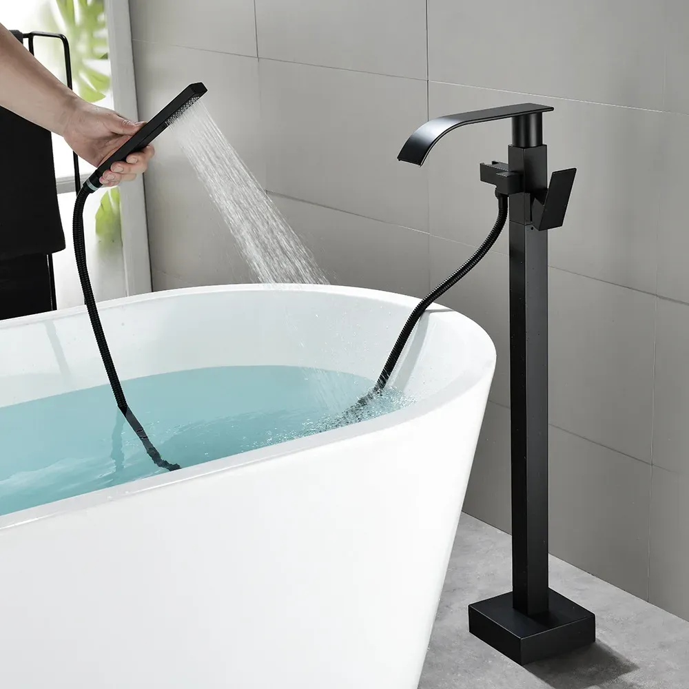 Badkar duschkran sätter golvmonterad solid mässing golv stående fristående tub påfyllare dusch Syerm svart guld krom