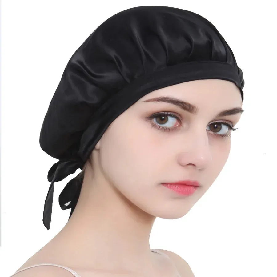 Damer Solid100% Real Silk Justerable Nightcap Home Hair Bandana Sleeping Hats 240416