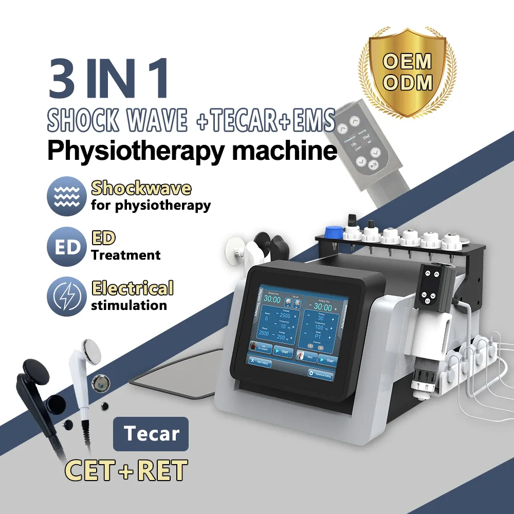 3 dans 1 EMS Shock Wave Thérapie Smart Tecar Machine de soulagement de la douleur Body Rehabilitation ED Traitement Deep Diathermy Muscle Muscle Relax Physiothérapie Dispositif