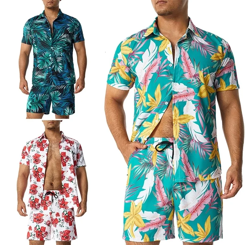 11 färger Mens Fashion Print Sets Lapel Short Sleeve Casual Shirt Beach Shorts Set Summer Vacation Hawaiian Suits S-5XL 240410