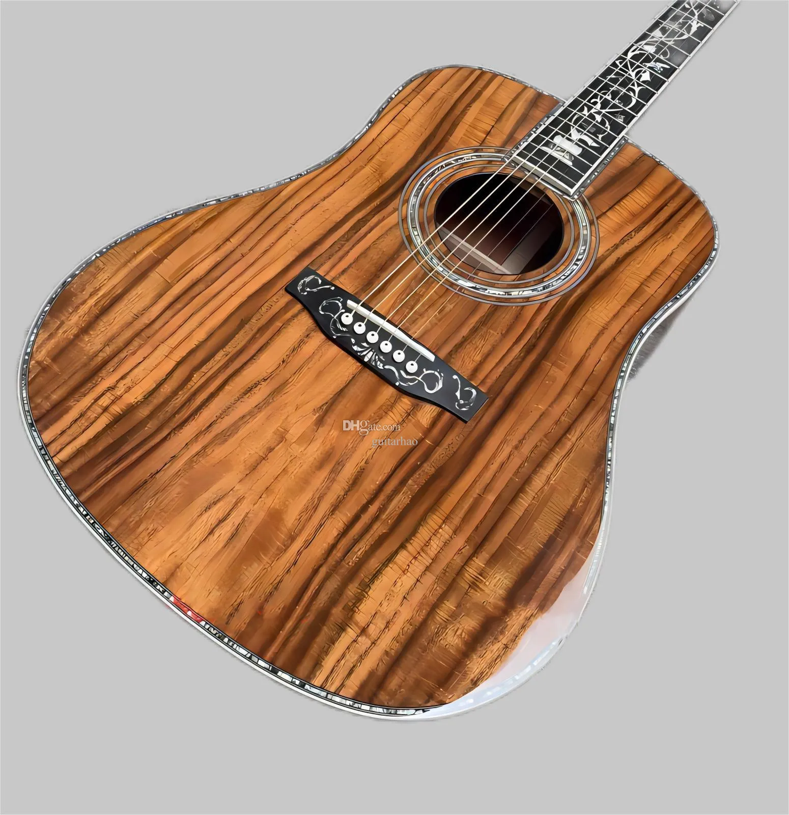 Guitarra acústica de alta qualidade de Deluxe KOA, braço de ébano e ponte, encadernação de casca de abalone e mosaico