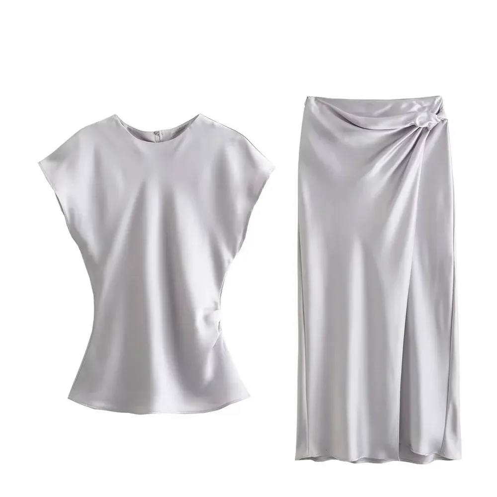 Unizer Spring Product Womens Fashion Slim Fit Silk Satin Texture Seveless Top High Waist Midi Half Skirt Casuare Set 240419