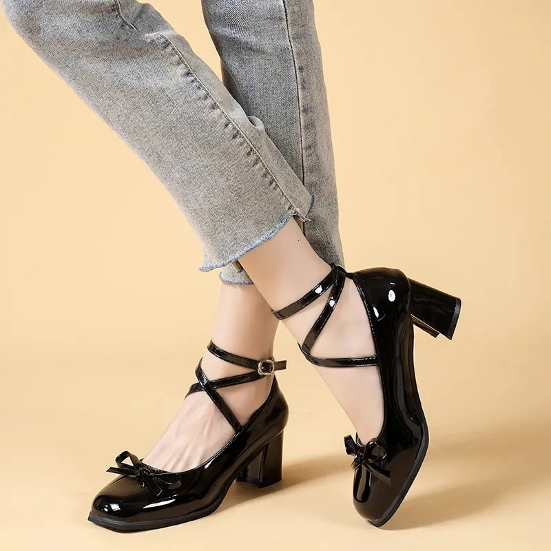 Black Retro Cross-Tie Pumps Casual Summer Marry Janes Round Toe Shoes Ladies Lolita Sweet Fashion Shoes Woman Bow Design 240423