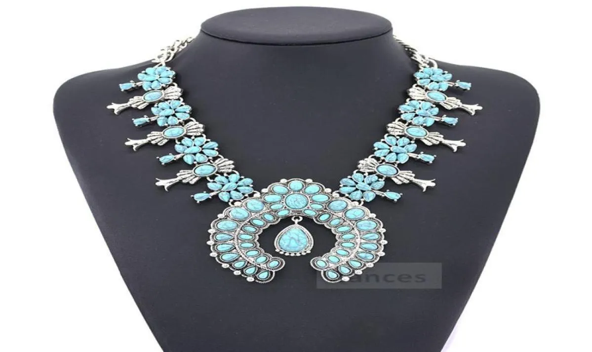 Vrouwen sieraden etnische bohemia tribale turquoise bloem hanger legering ketting grote dikke hanger 6 kleuren ketting9021094