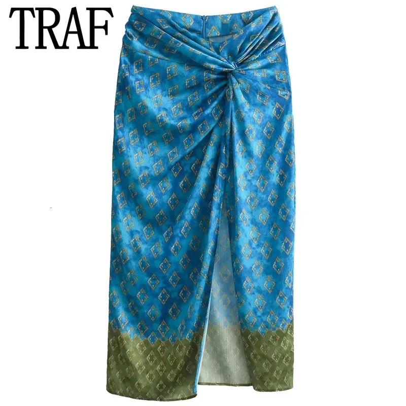 TRAF Print Knot Skirt Womens Skirt Summer 2024 Midi Satin Mid Waist Side Slit Coquette Skirts Vacation Y2k Skirt Collection 240419