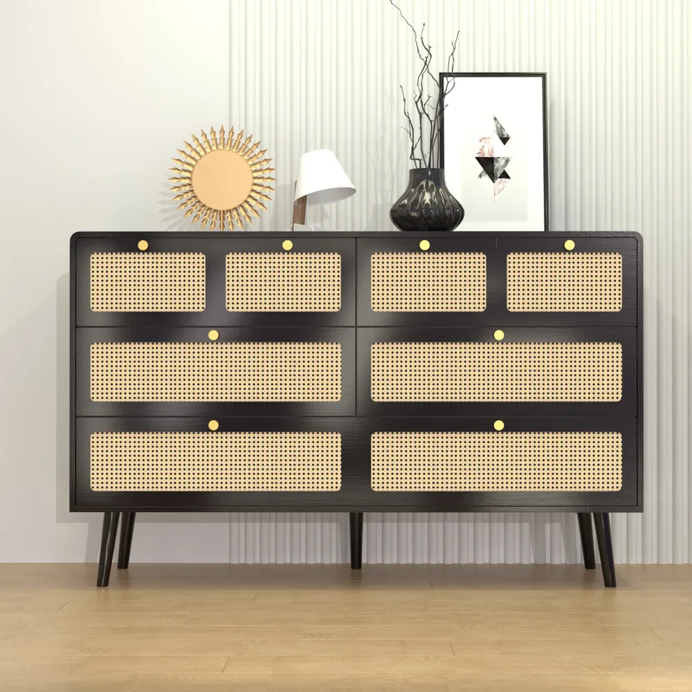 Moderno minimalista a 6 cassetto di stoccaggio in legno di cassetti con porte di rattan e maniglie dorate
