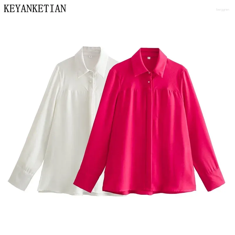 Women's Blouses KEYANKETIAN 2024 Launch Elegant Pearl Buttons Decorate Women Shirt Spring Simply Oversize Loose Long Sleeve Slit Blouse Top