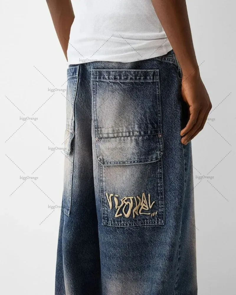 Y2K Trendy High Street Grande Pocket Straight Troushers Homens American Print de jeans de grandes dimensões Harajuku Casual Legal Pants Mulheres 240425