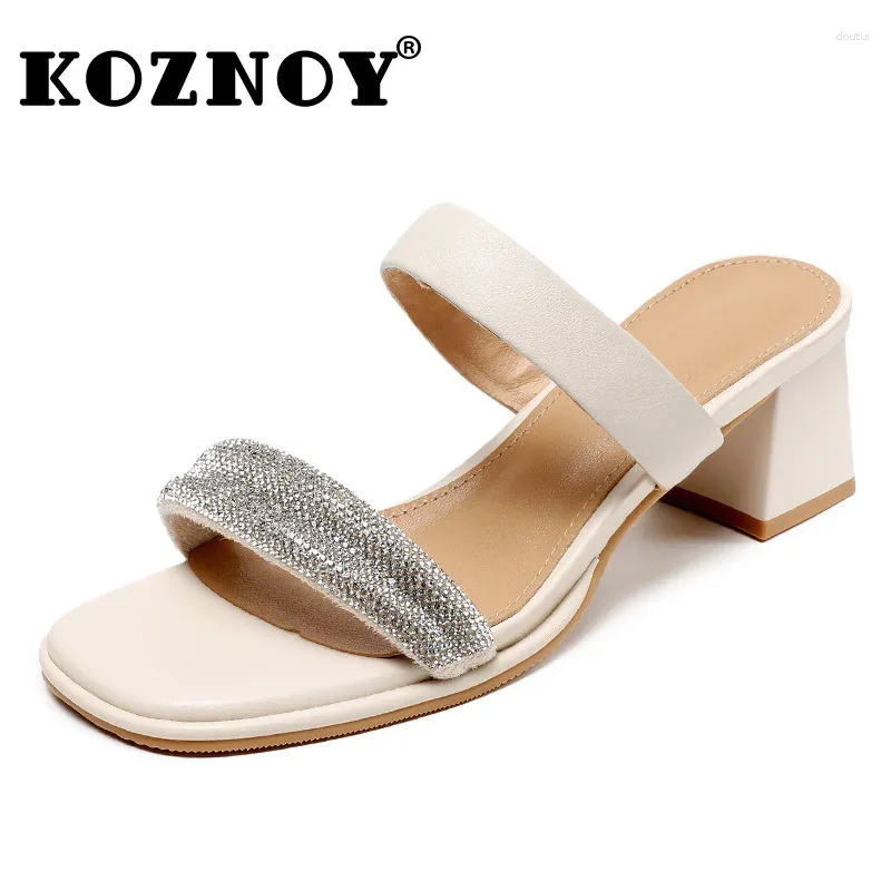 Elbise ayakkabıları koznoy 5cm içi boş tıknaz topuklar gerçek deri etnik gözetleme ayak parmağı yaz terlikleri rinestone bling sandaletler moda kadın