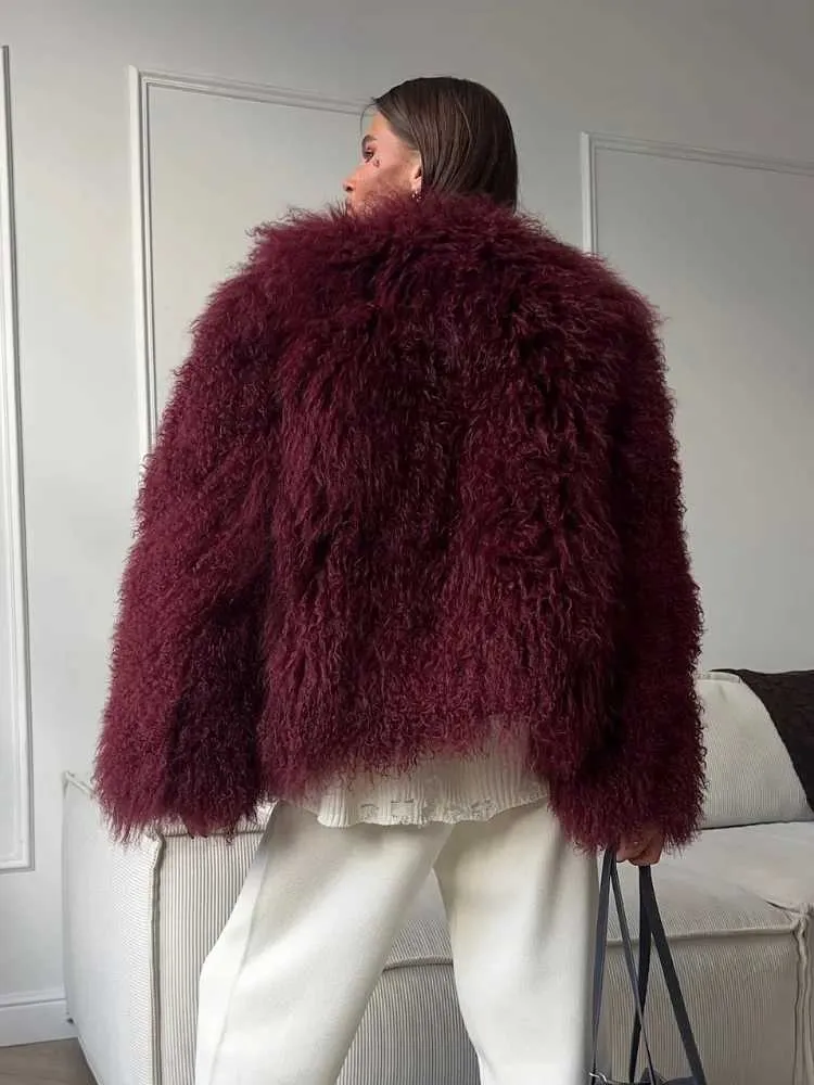 Y241126WYSY Womens Burgundy Faux Fur Coat Oversized Fluffy O Neck Long Sleeve Warm Winter Jacket Loose Fit Streetwear From Sihuai10, $25.56 | DHgate.Com