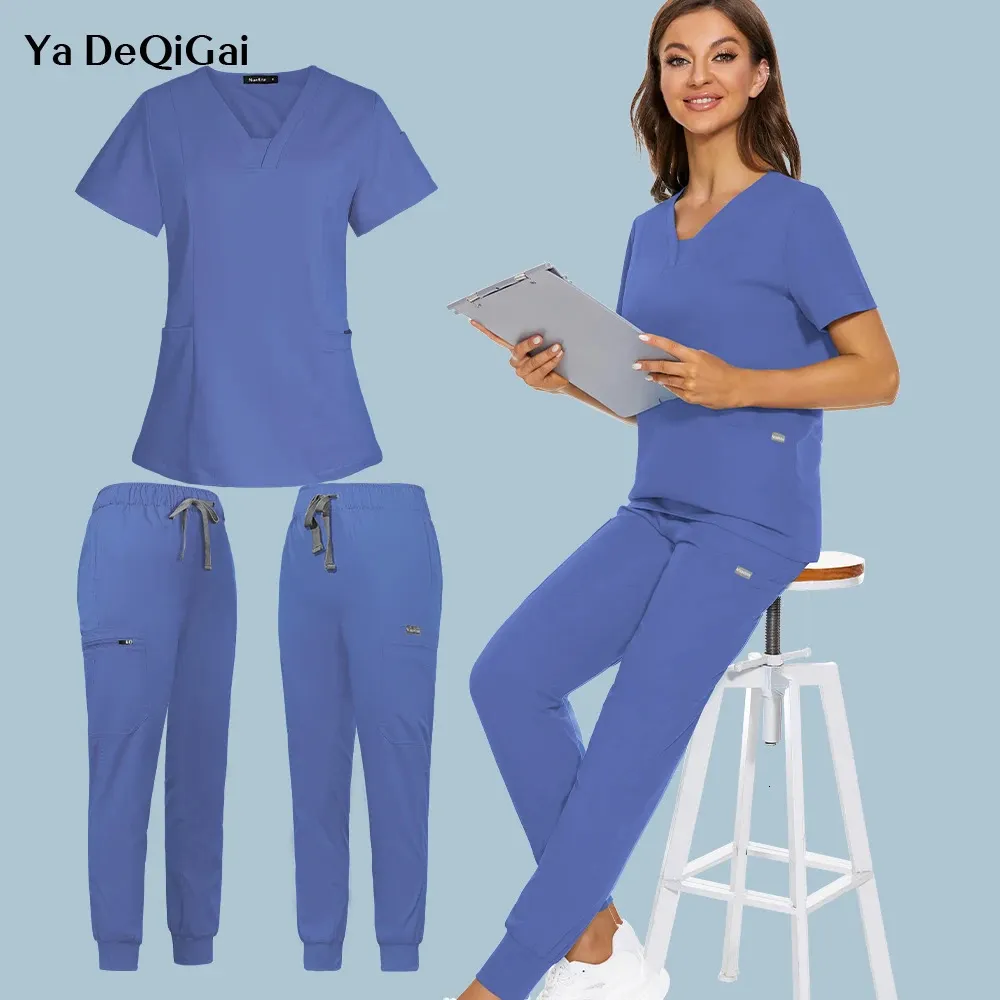 Short Sleeve Scrubs Top With Pocket Pants Nurse Uniforms Doctor Surgery Overalls Spa Outwear Beauty Salon Workwear 240418
