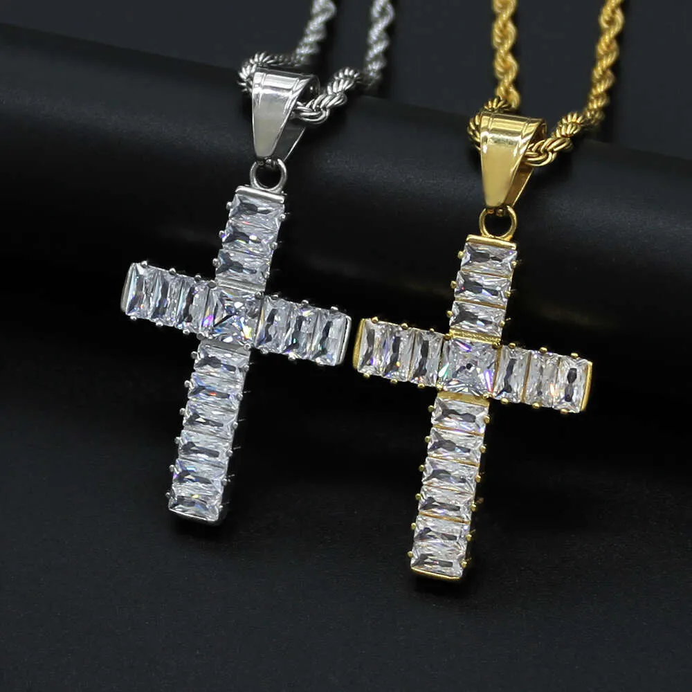 Designer Pendant Necklaces New 316 Stainless Steel Gold-plated Aaa Rectangular Zircon Cross