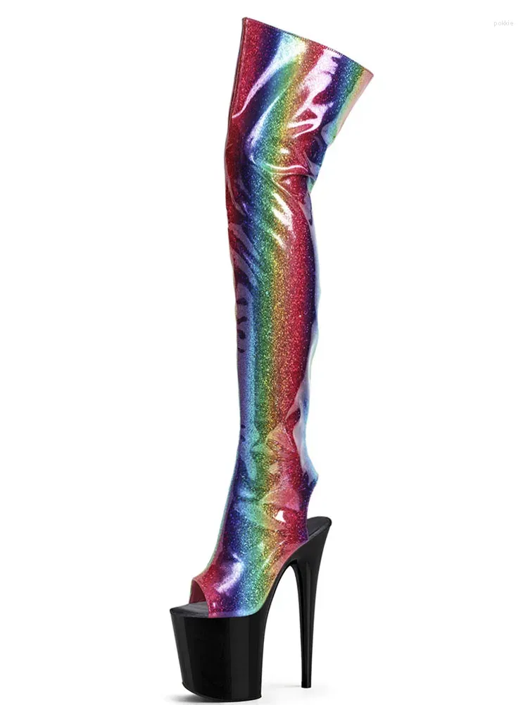 Boots Sexy Fetish Rainbow Open Toe Strips Nightclub Pole Dance Exotic Talons minces 5 pouces plate-forme Femmes 8 pouces sur le genou