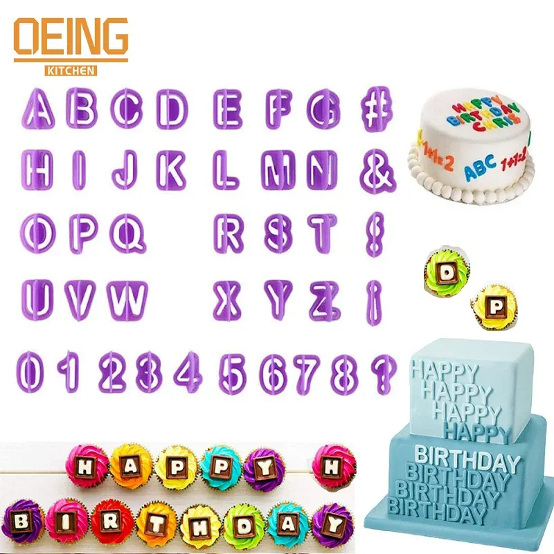 Kalıplar 40pcs alfabe numarası karakter mektubu çerez kesici fondan kek bisküvi pişirme kalıp diy kek dekorasyon araçları saplı