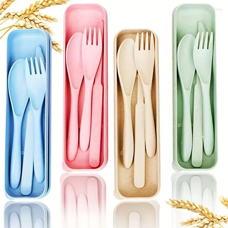Dinnerware Sets Travel Utensil Set With Case 4 Wheat Straw Reusable Spoon Knife Forks Tableware Eco Friendly Non-toxin BPA Free Portable
